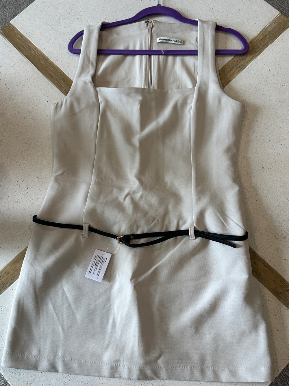 Abercrombie Sleeveless Square-Neck Mini Dress with Black Belt - Cream